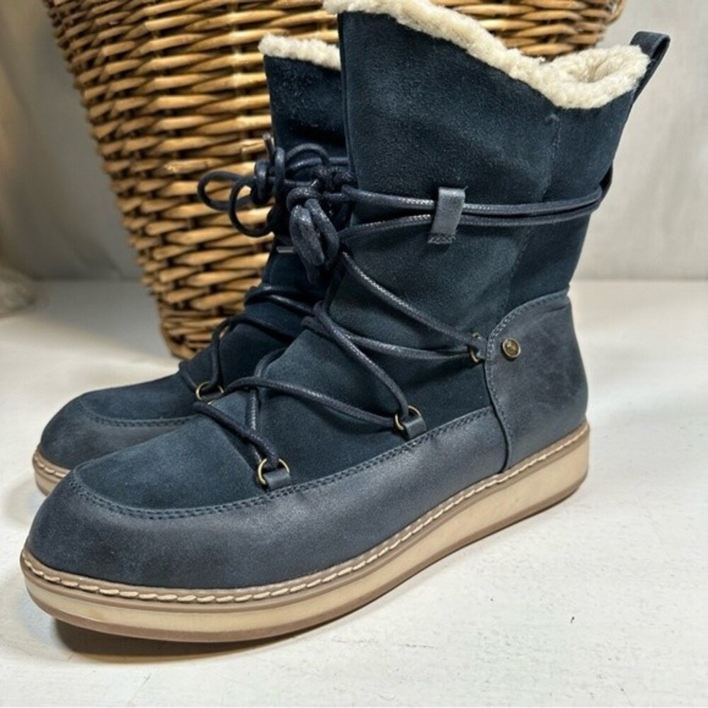 White Mountain Boots Womens 8.5M Topaz Blue Leather Winter Lace Up Faux Fur